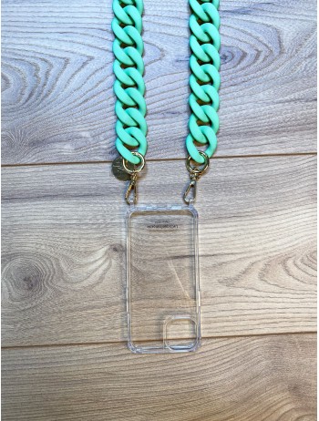 Chaîne de téléphone couleur vert clair avec une coque transparente aux extrémités de la chaîne.