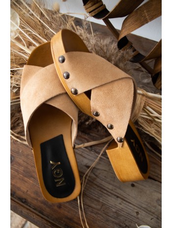 mules femme sabots bois et cuir daim beige ou bronze